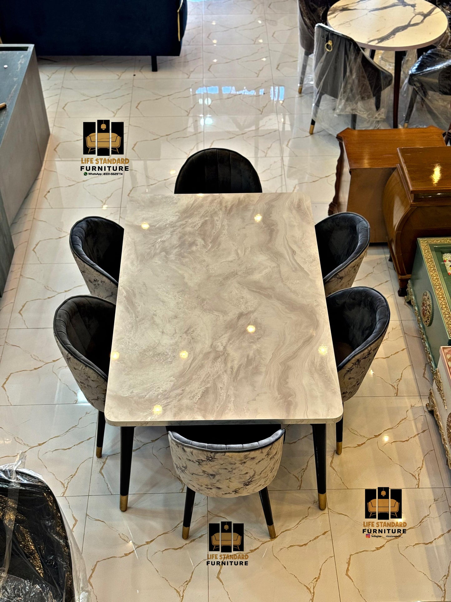 Modern Luxury Marble Dining Table Set with 6 Velvet Chairs – Elegant Gold-Tipped Desig