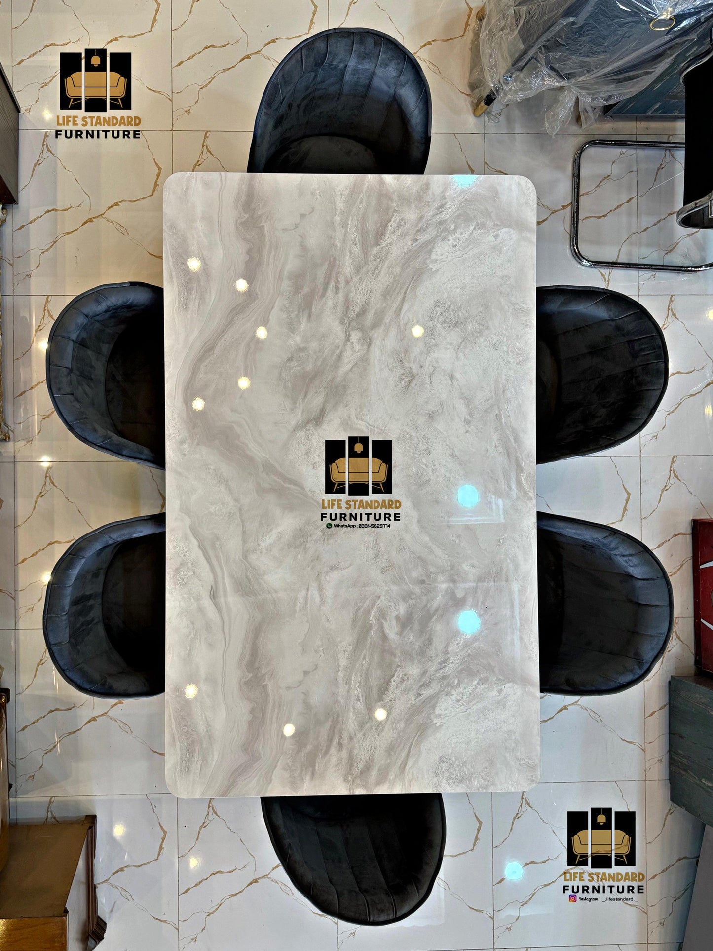 Modern Luxury Marble Dining Table Set with 6 Velvet Chairs – Elegant Gold-Tipped Desig