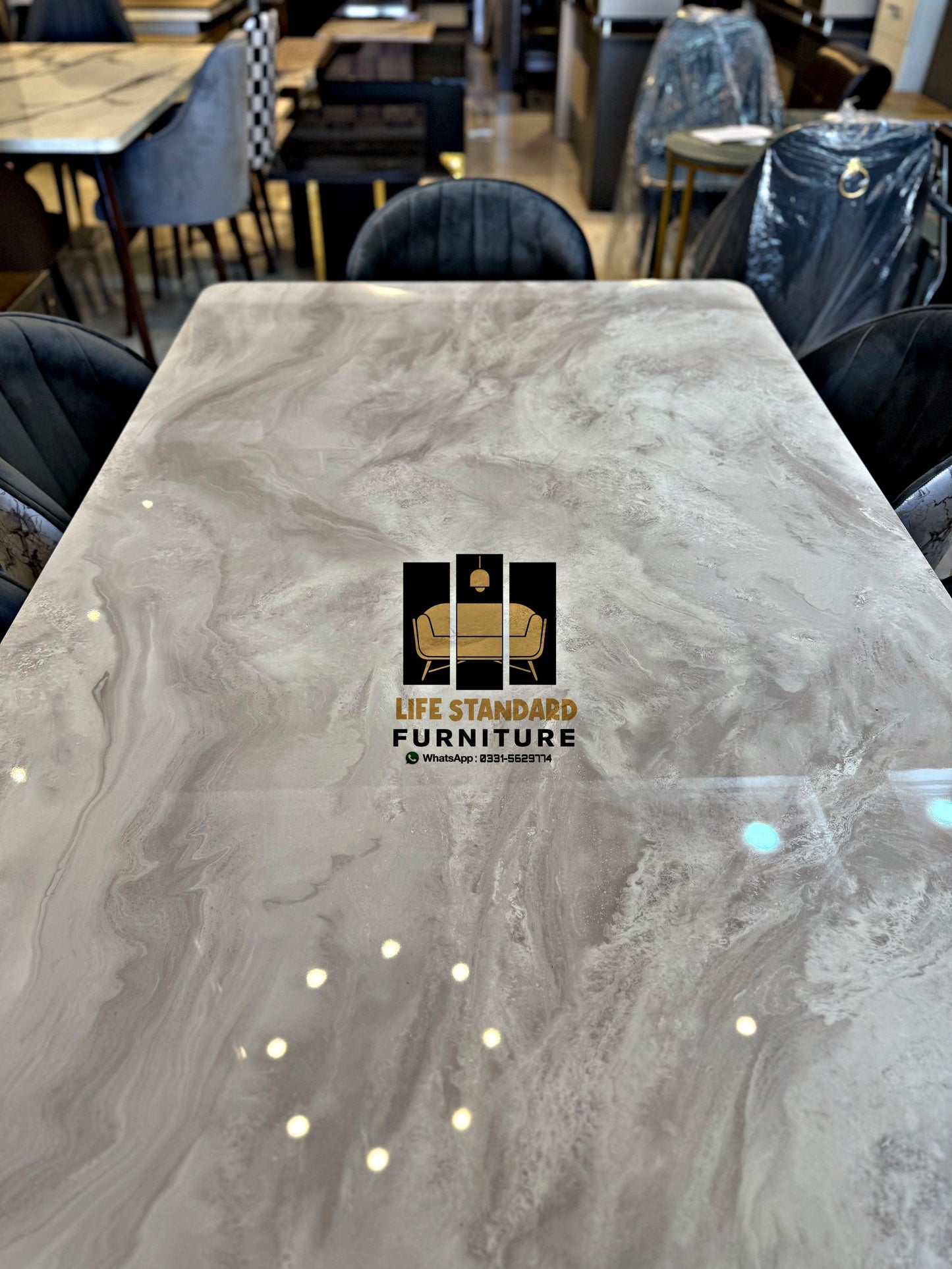 Modern Luxury Marble Dining Table Set with 6 Velvet Chairs – Elegant Gold-Tipped Desig