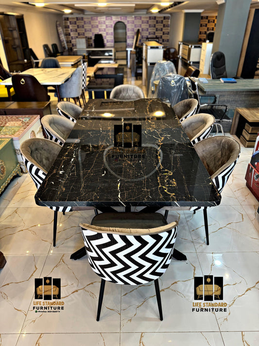 Luxury 8-Seater Dining Table with Velvet & Zigzag Print Chairs