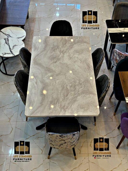 Elegant 6-Person Dining Table Set – Creamy Gloss Top with Luxury Velvet Chairs