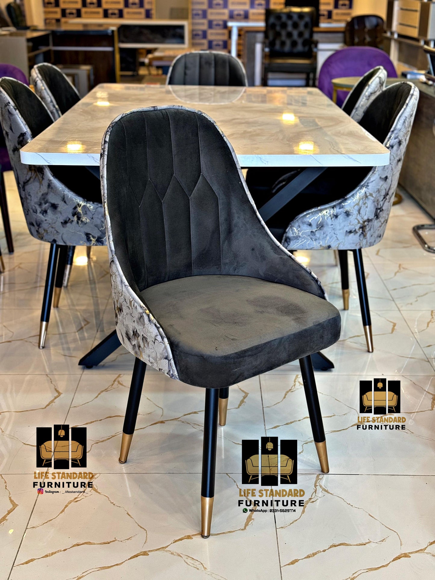 Elegant 6-Person Dining Table Set – Creamy Gloss Top with Luxury Velvet Chairs