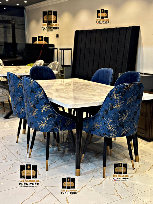 Elegant 6-Seater Dining Table Set – Cream Marble Top with Royal Blue Chairs