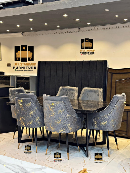 Modern Luxury 6-Seater Dining Table Set – Black Marble Finish with Velvet Turkish Chairs