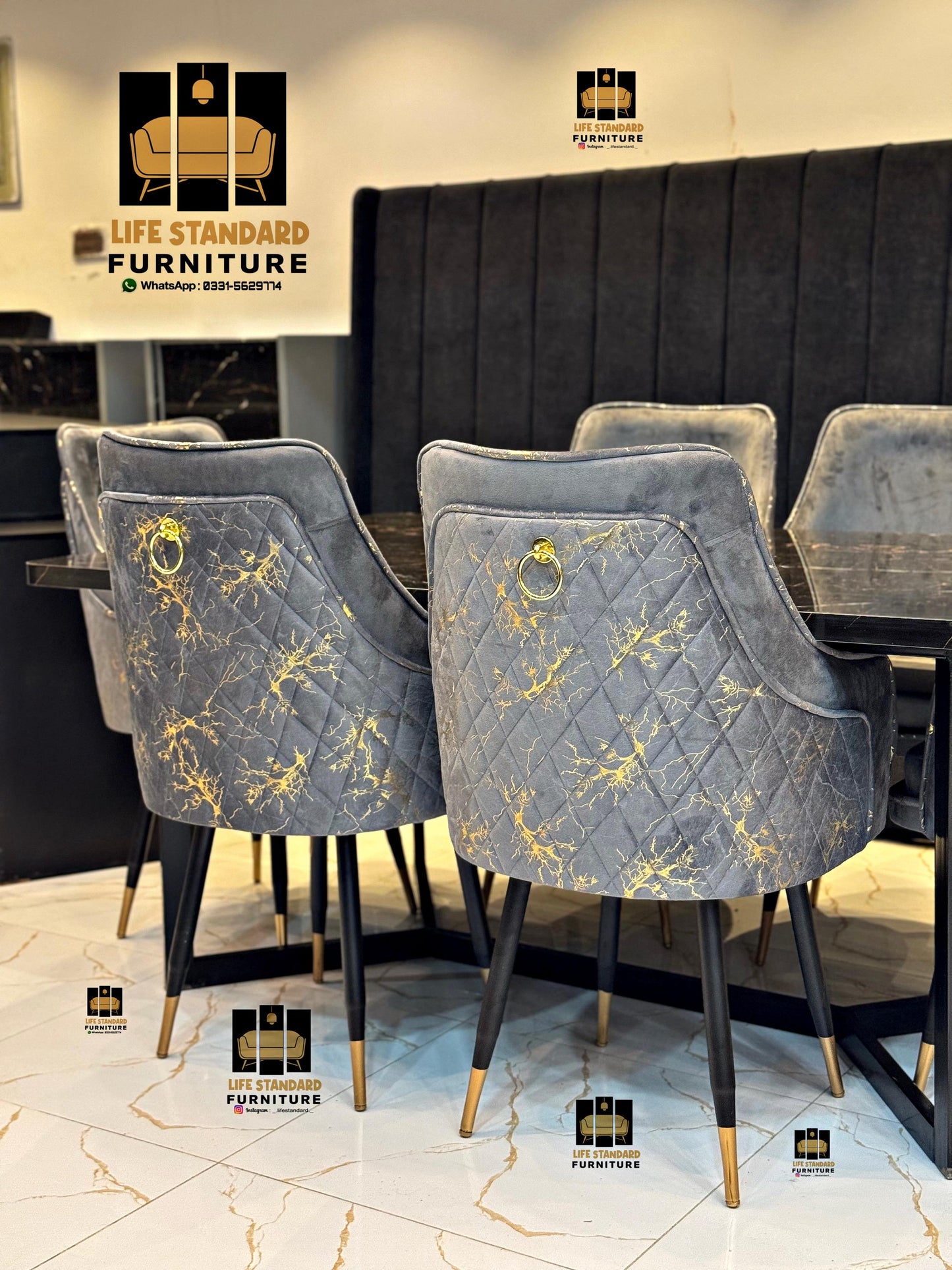 Modern Luxury 6-Seater Dining Table Set – Black Marble Finish with Velvet Turkish Chairs