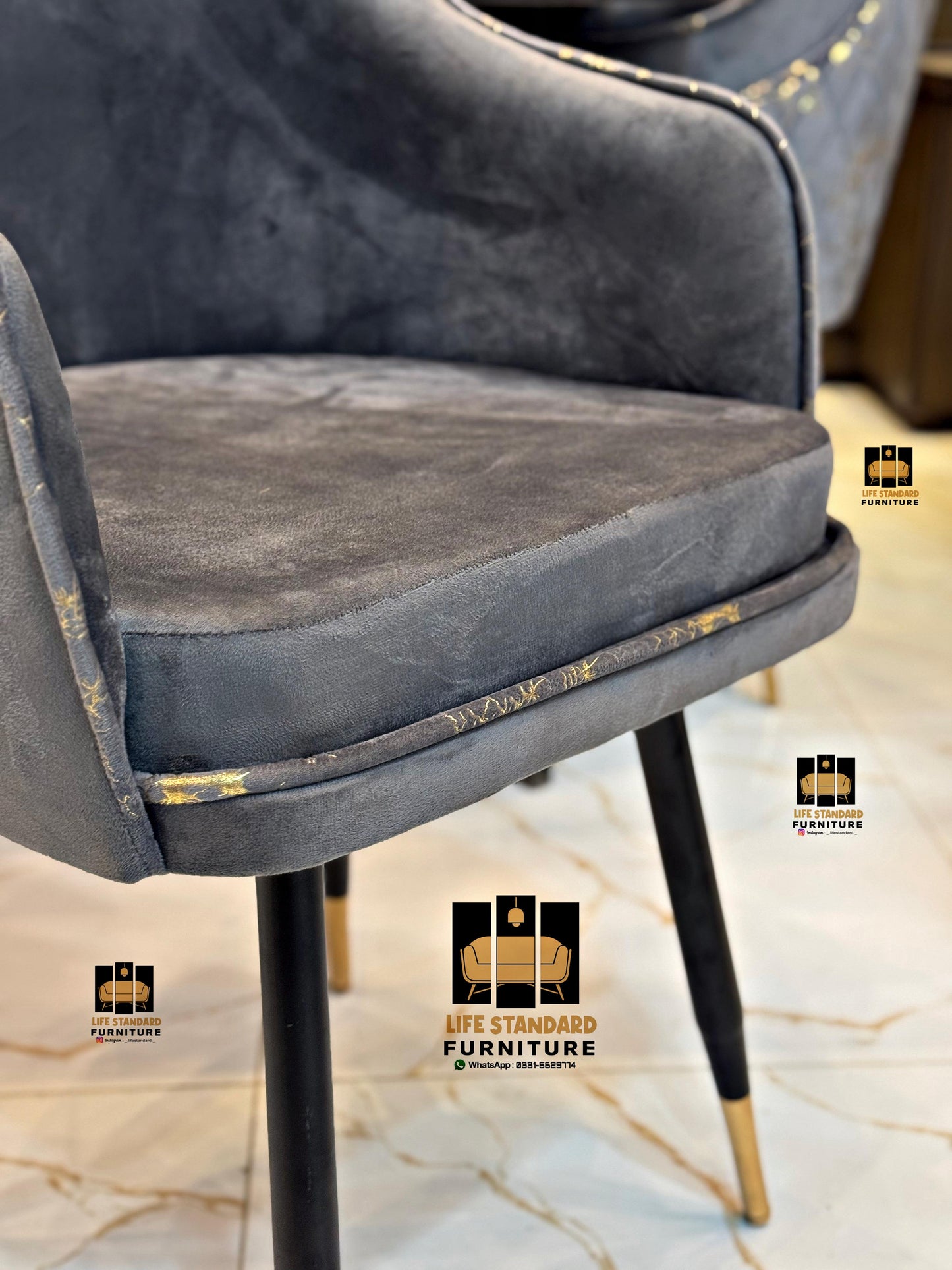 Modern Luxury 6-Seater Dining Table Set – Black Marble Finish with Velvet Turkish Chairs