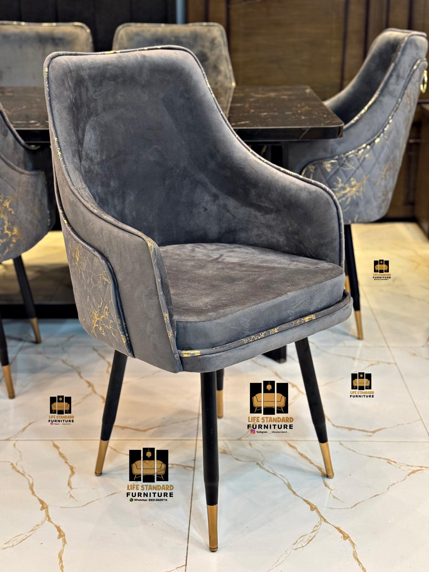 Modern Luxury 6-Seater Dining Table Set – Black Marble Finish with Velvet Turkish Chairs