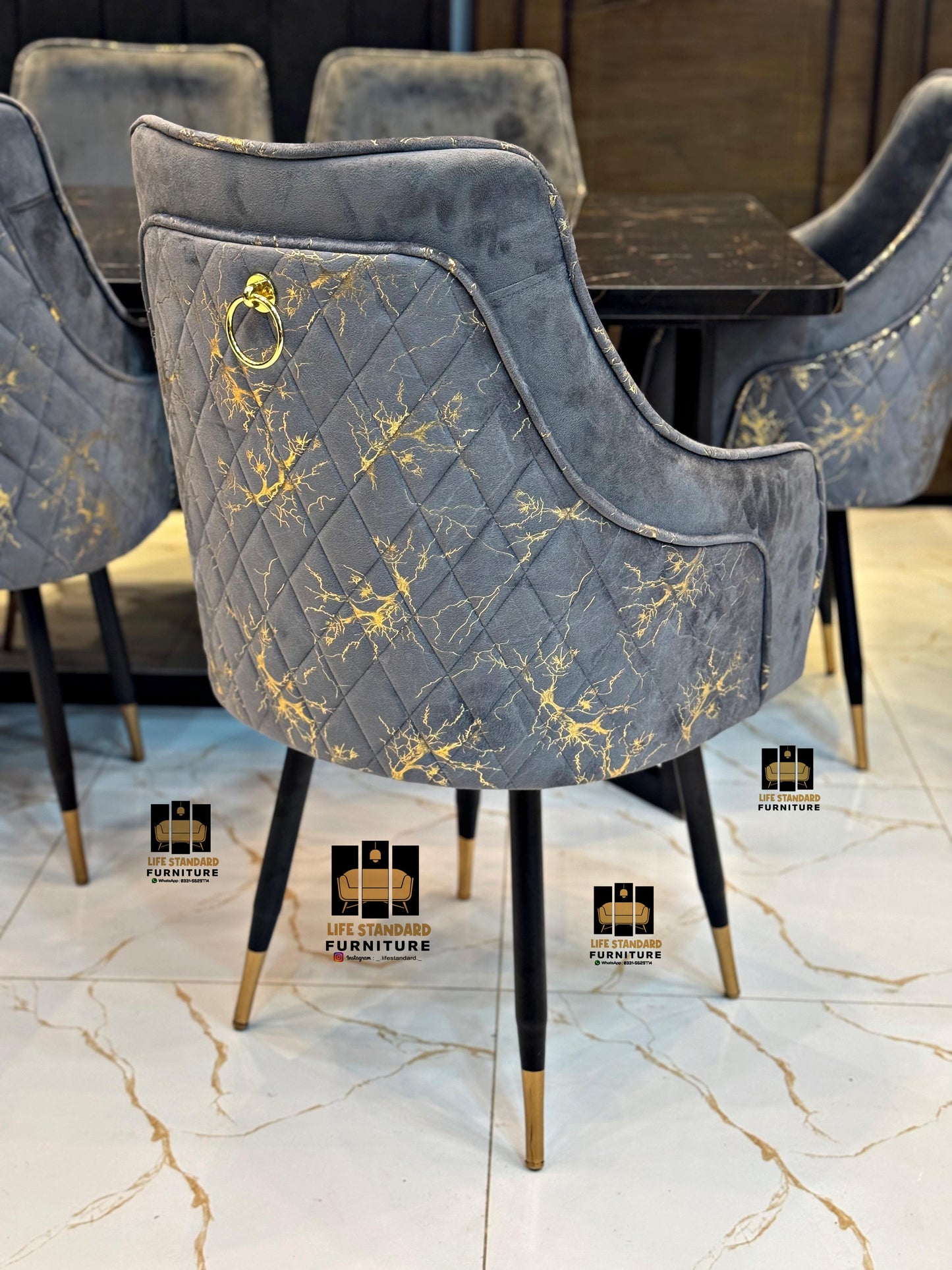 Modern Luxury 6-Seater Dining Table Set – Black Marble Finish with Velvet Turkish Chairs