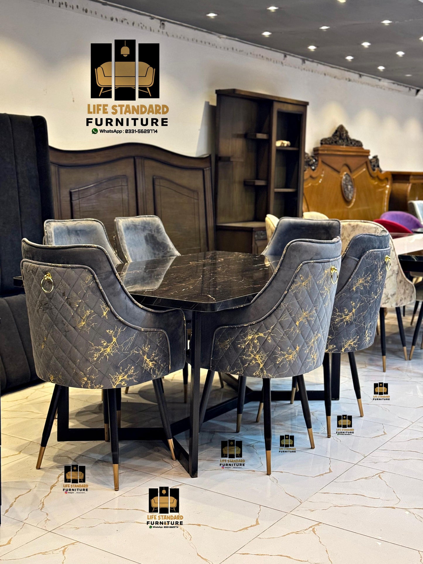 Modern Luxury 6-Seater Dining Table Set – Black Marble Finish with Velvet Turkish Chairs