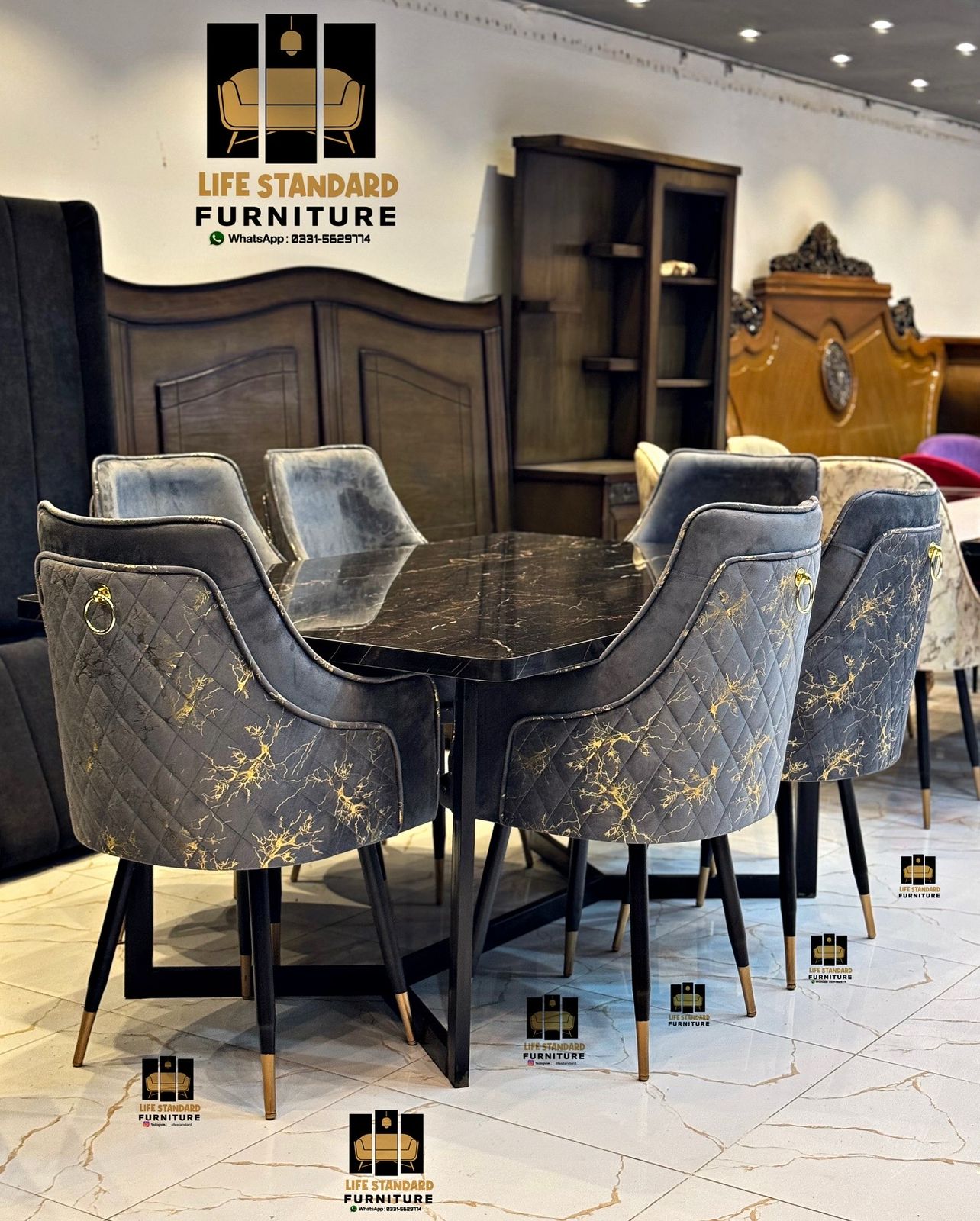 Modern Luxury 6-Seater Dining Table Set – Black Marble Finish with Velvet Turkish Chairs