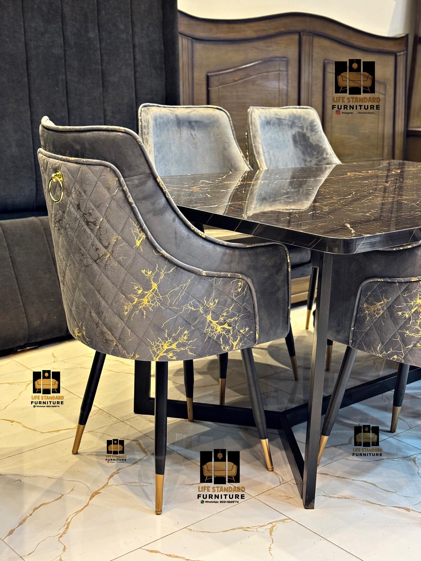 Modern Luxury 6-Seater Dining Table Set – Black Marble Finish with Velvet Turkish Chairs
