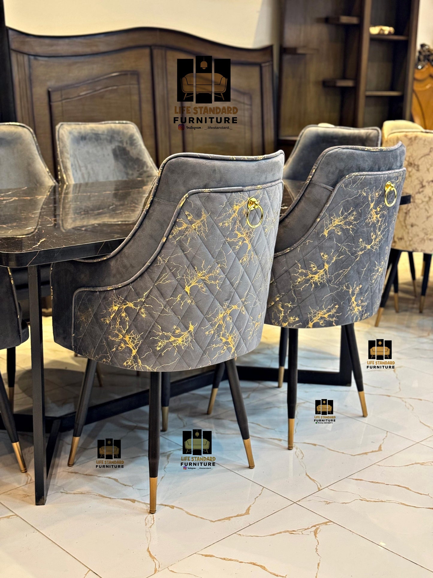 Modern Luxury 6-Seater Dining Table Set – Black Marble Finish with Velvet Turkish Chairs