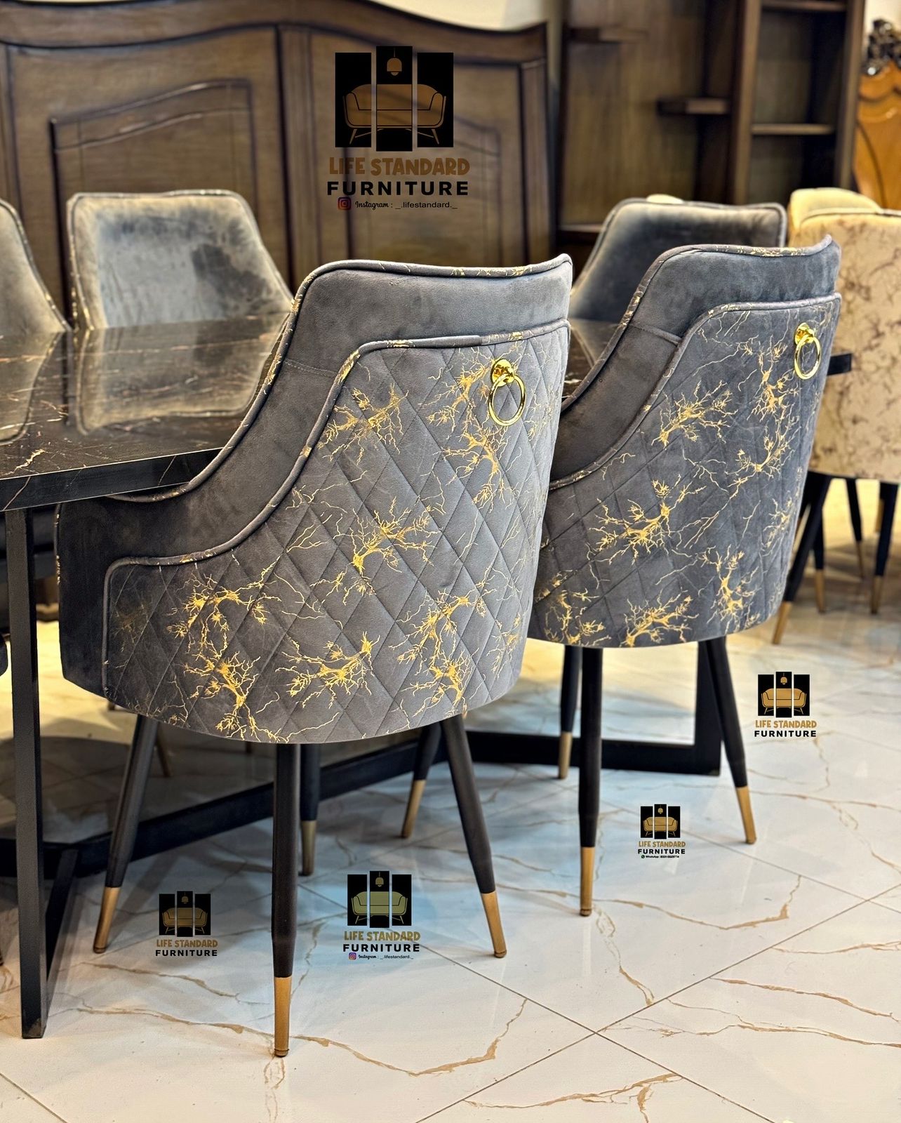 Modern Luxury 6-Seater Dining Table Set – Black Marble Finish with Velvet Turkish Chairs