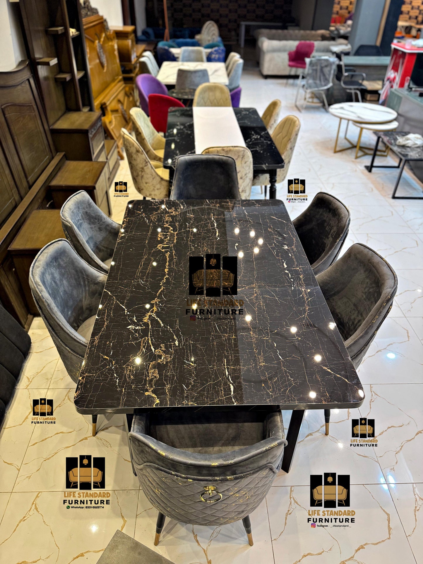 Modern Luxury 6-Seater Dining Table Set – Black Marble Finish with Velvet Turkish Chairs