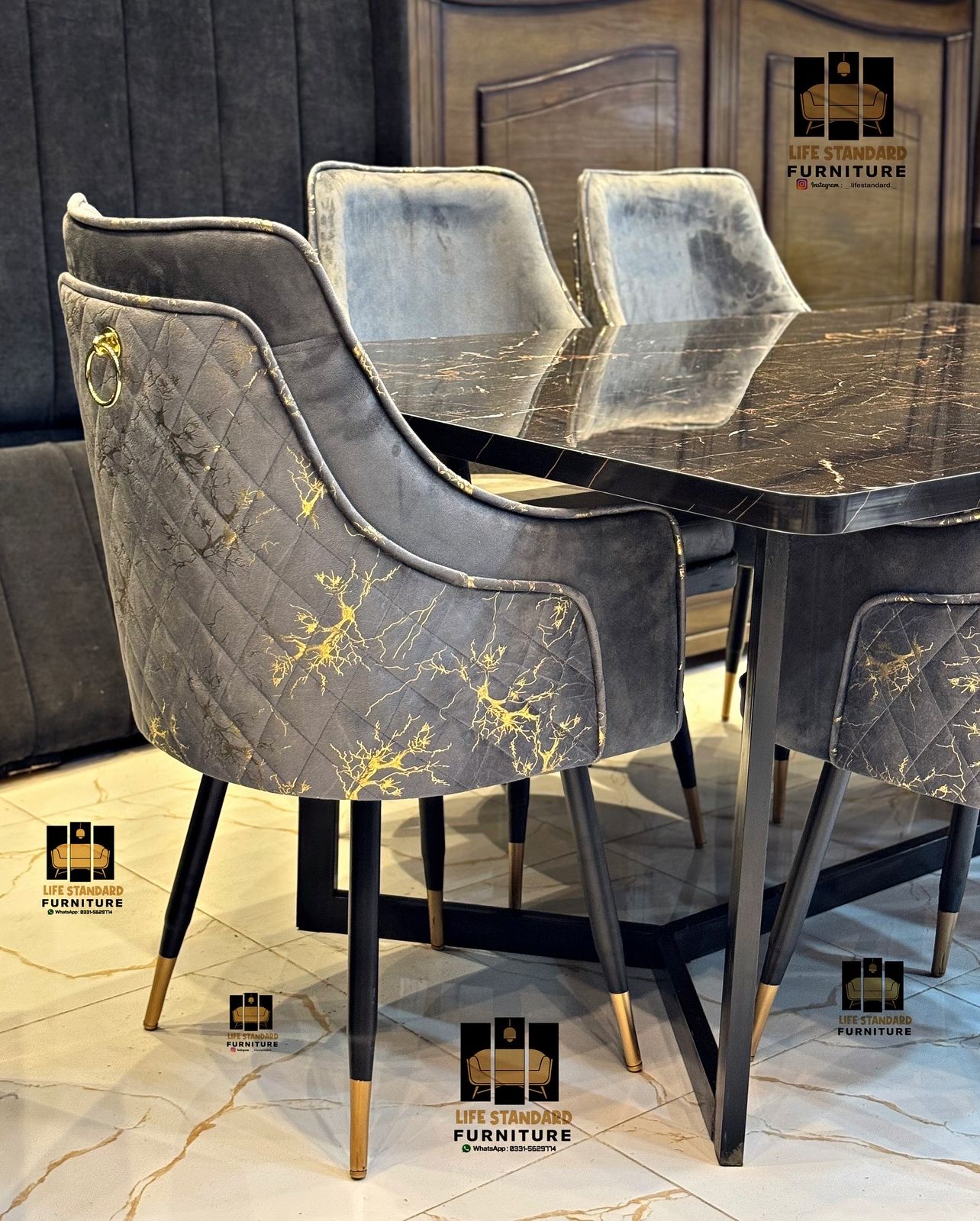 Modern Luxury 6-Seater Dining Table Set – Black Marble Finish with Velvet Turkish Chairs