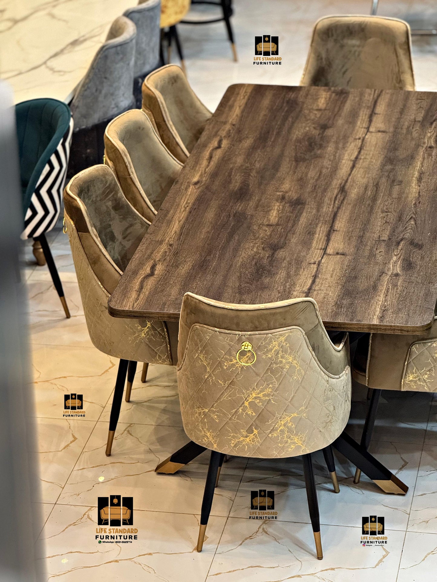 Luxury 8 Seater Dining Table Set – Matte Brown Finish with Turkish Velvet Chairs