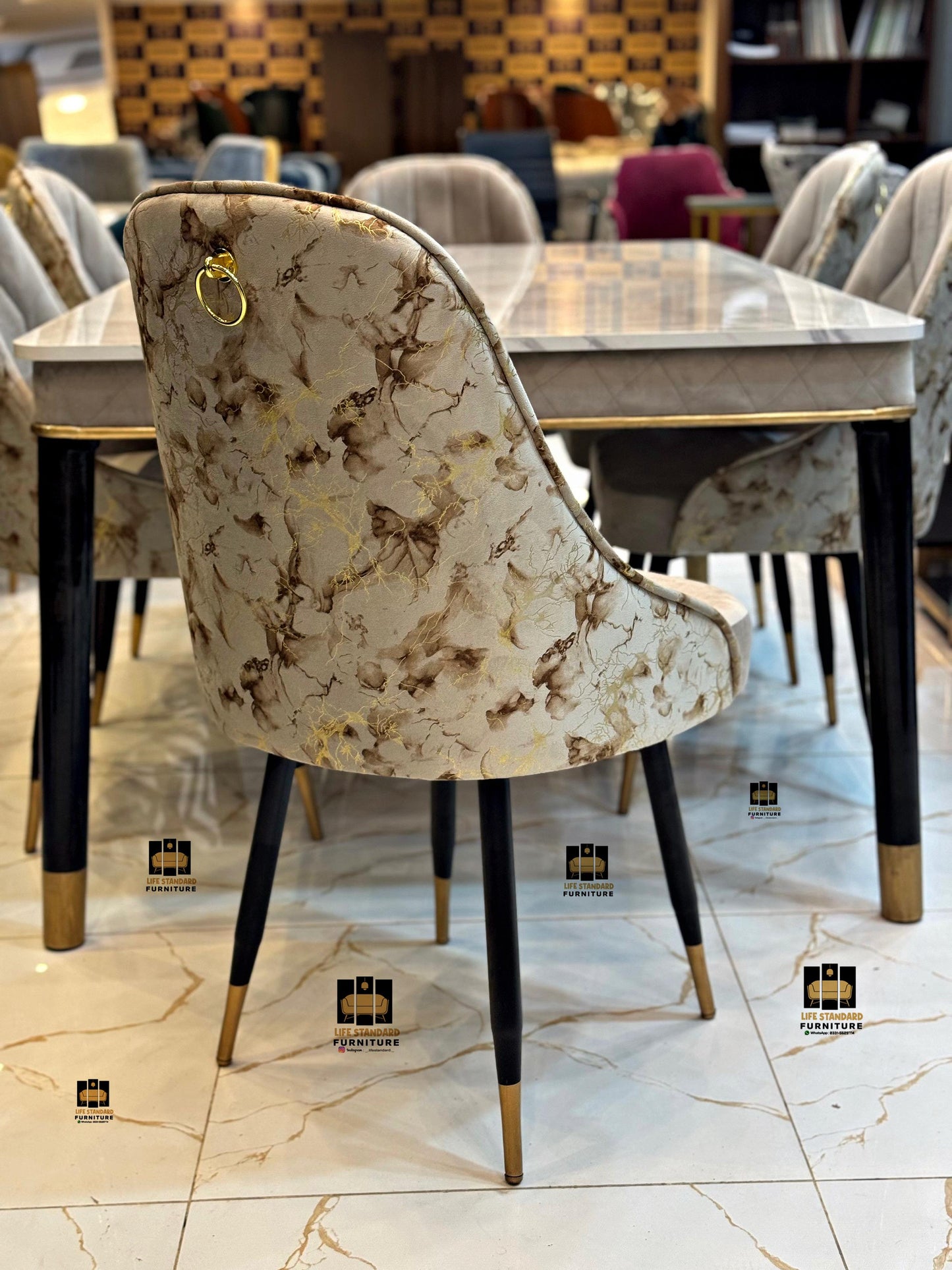 Luxury 8-Seater Dining Table – Black Marble UV Glass Finish