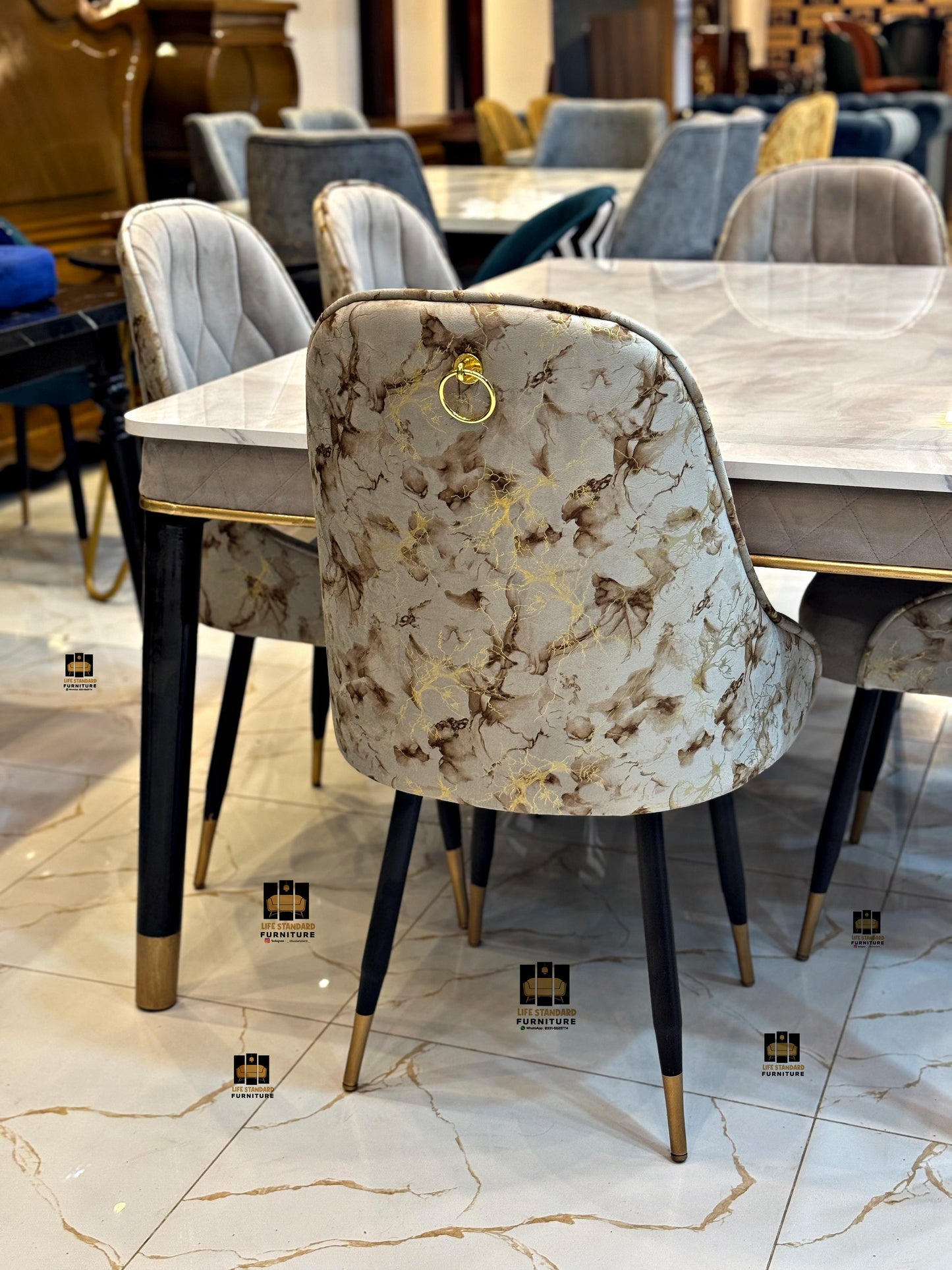 Luxury 8-Seater Dining Table – Black Marble UV Glass Finish