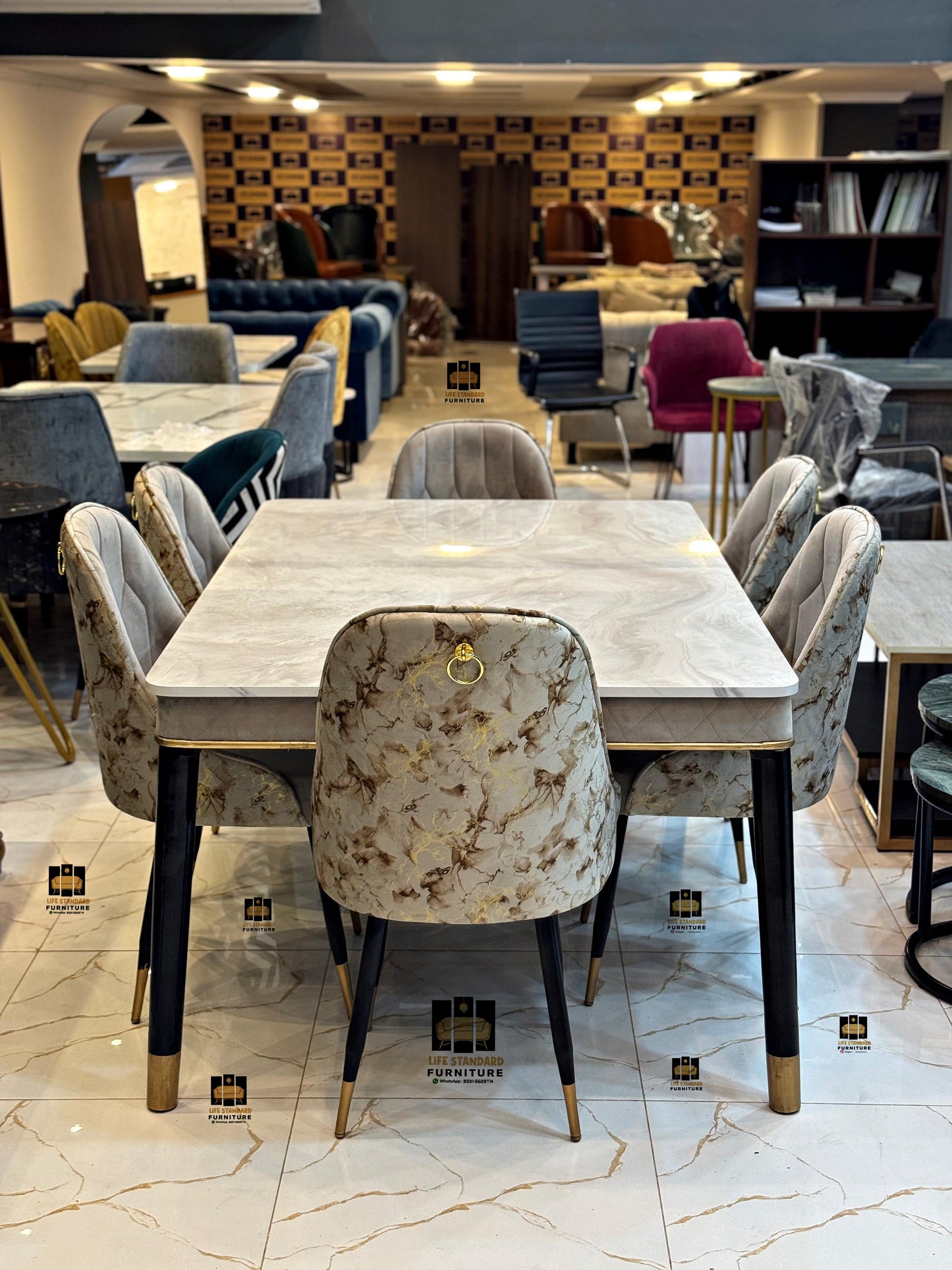 Luxury 8-Seater Dining Table – Black Marble UV Glass Finish