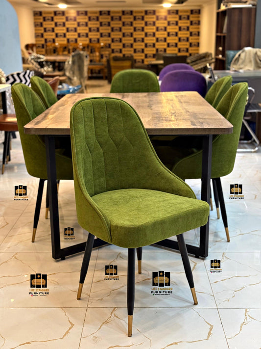 Luxury Modern Dining Table with 6 Elegant Olive Green Towel Fabric Chairs