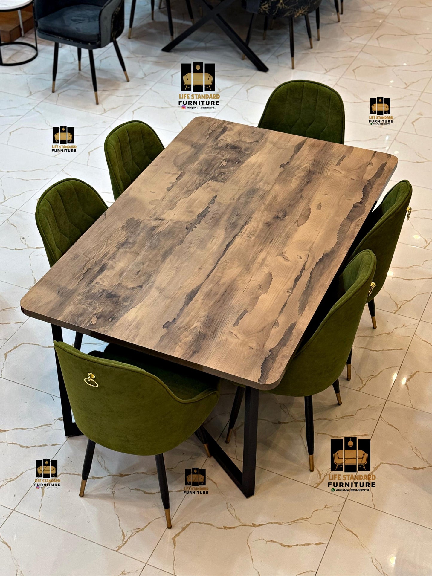 Luxury Modern Dining Table with 6 Elegant Olive Green Towel Fabric Chairs