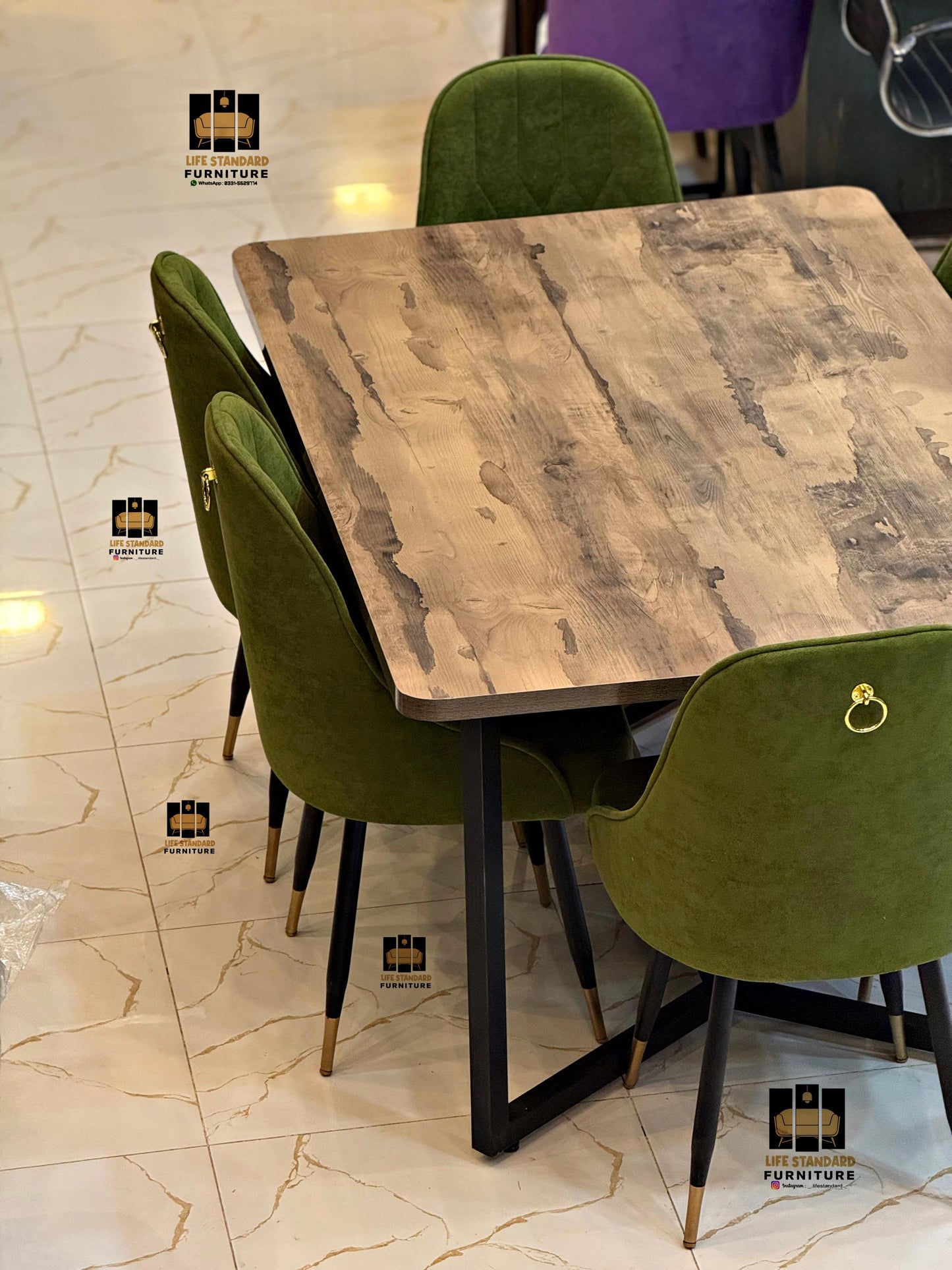 Luxury Modern Dining Table with 6 Elegant Olive Green Towel Fabric Chairs