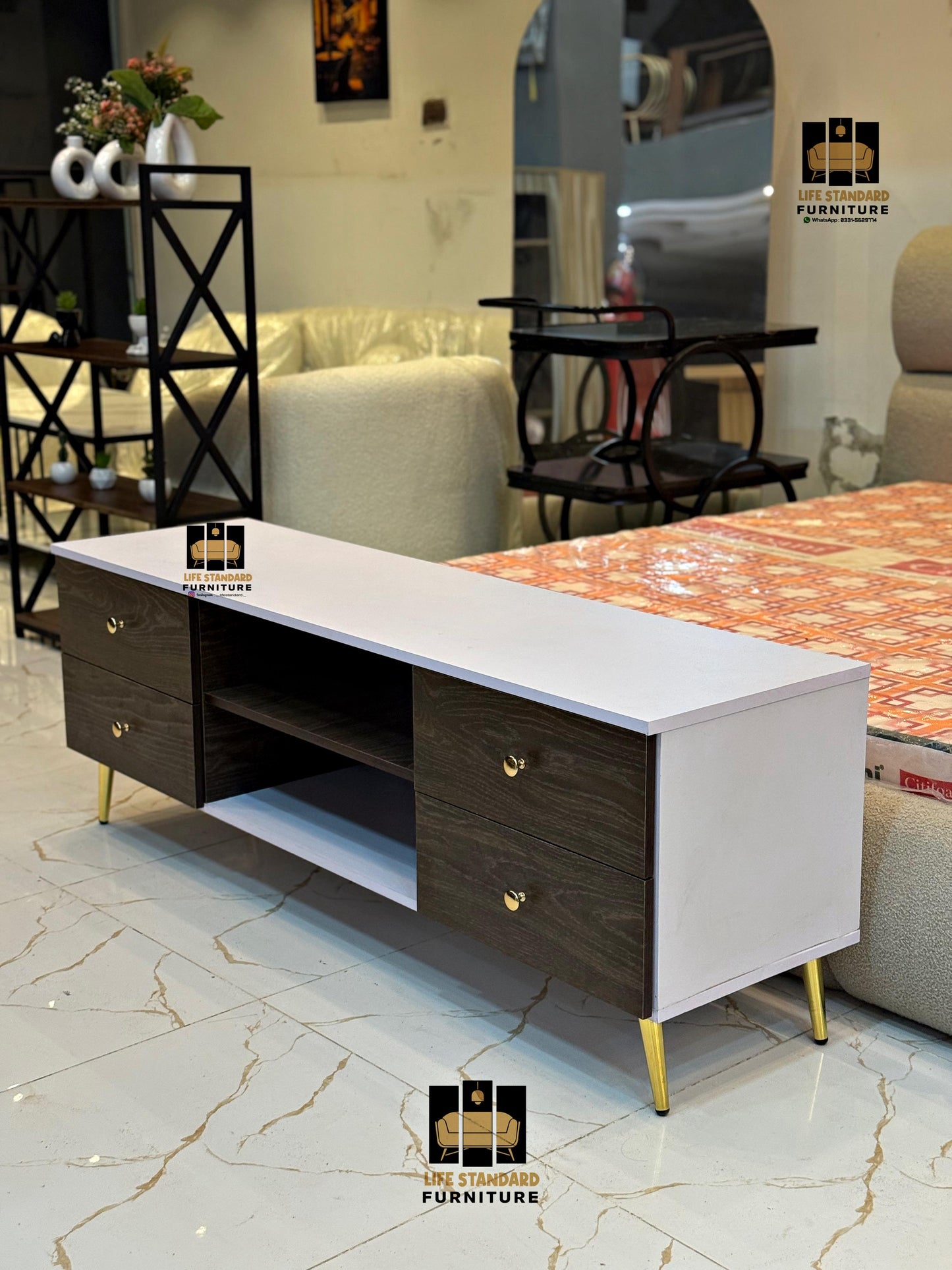 Modern Two-Tone Wooden TV Console with Storage Drawers – Walnut Finish with Gold Accents