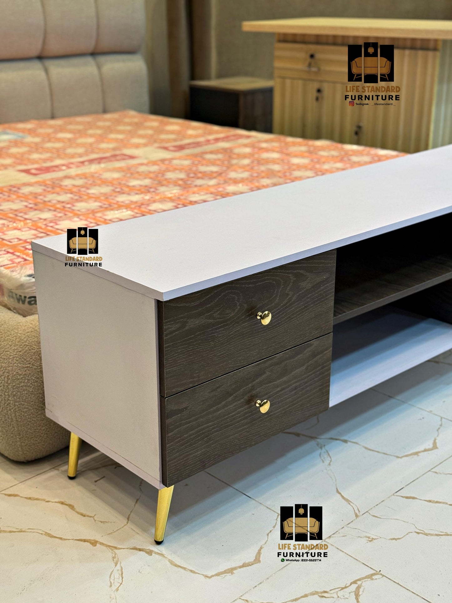 Modern Two-Tone Wooden TV Console with Storage Drawers – Walnut Finish with Gold Accents