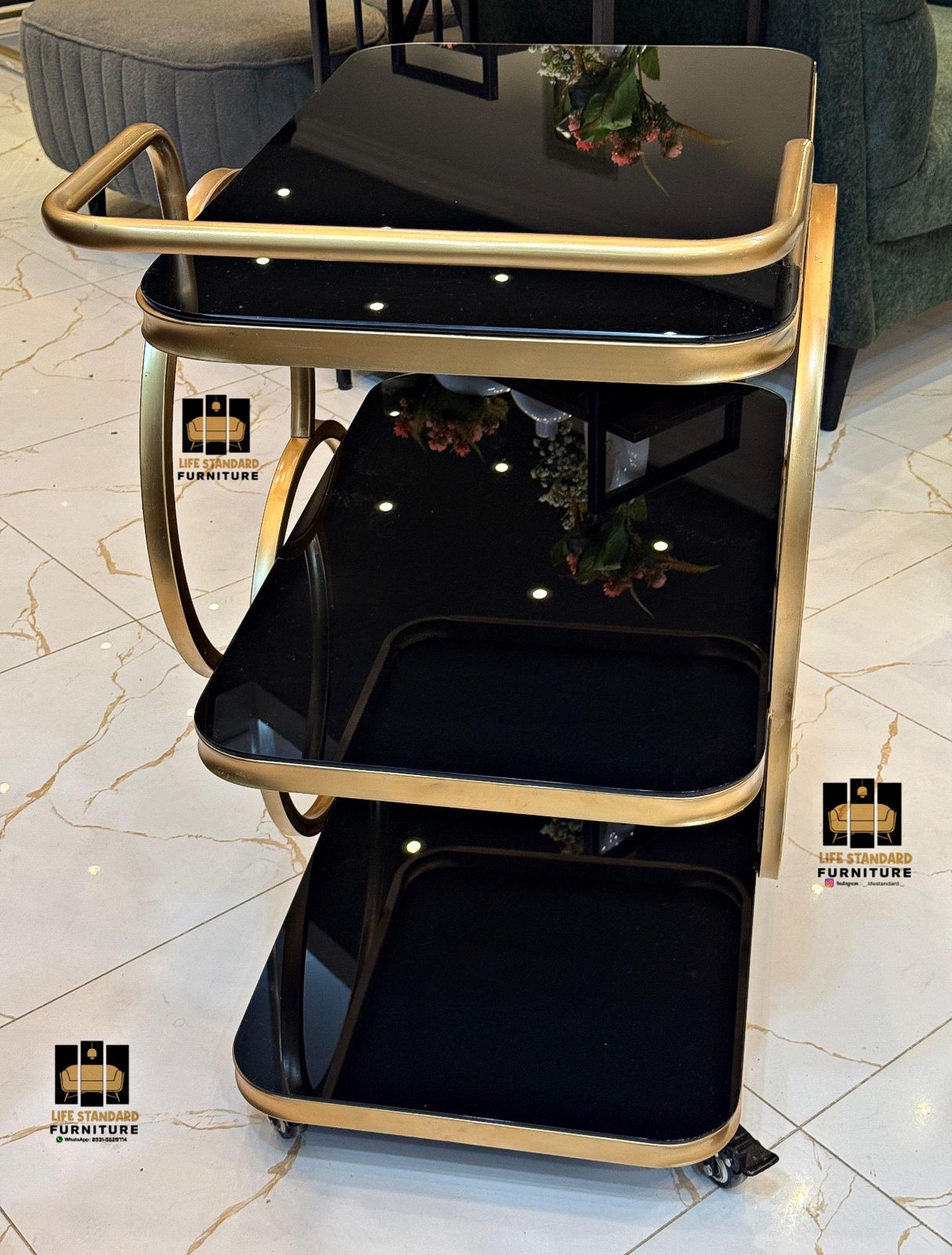 Luxury Black Glass & Golden Frame 3-Tier Trolley – Modern Bar & Tea Cart with Wheels