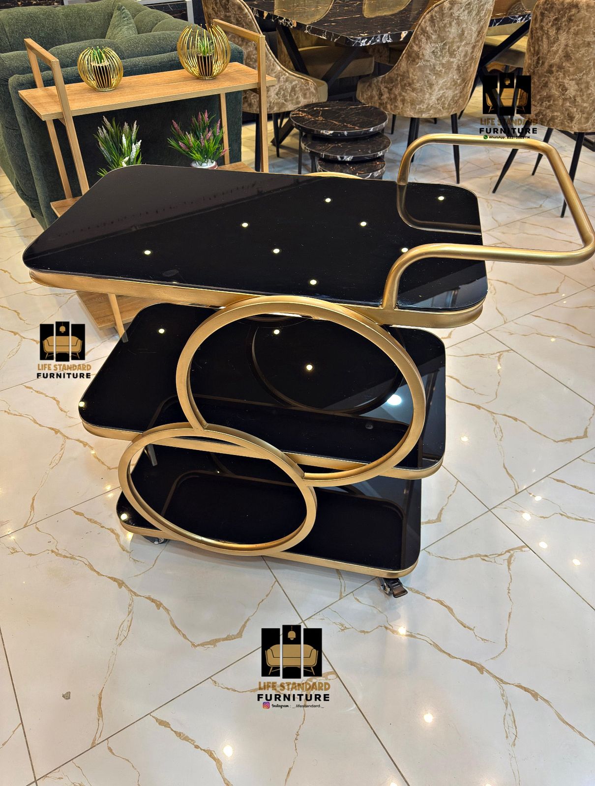 Luxury Black Glass & Golden Frame 3-Tier Trolley – Modern Bar & Tea Cart with Wheels