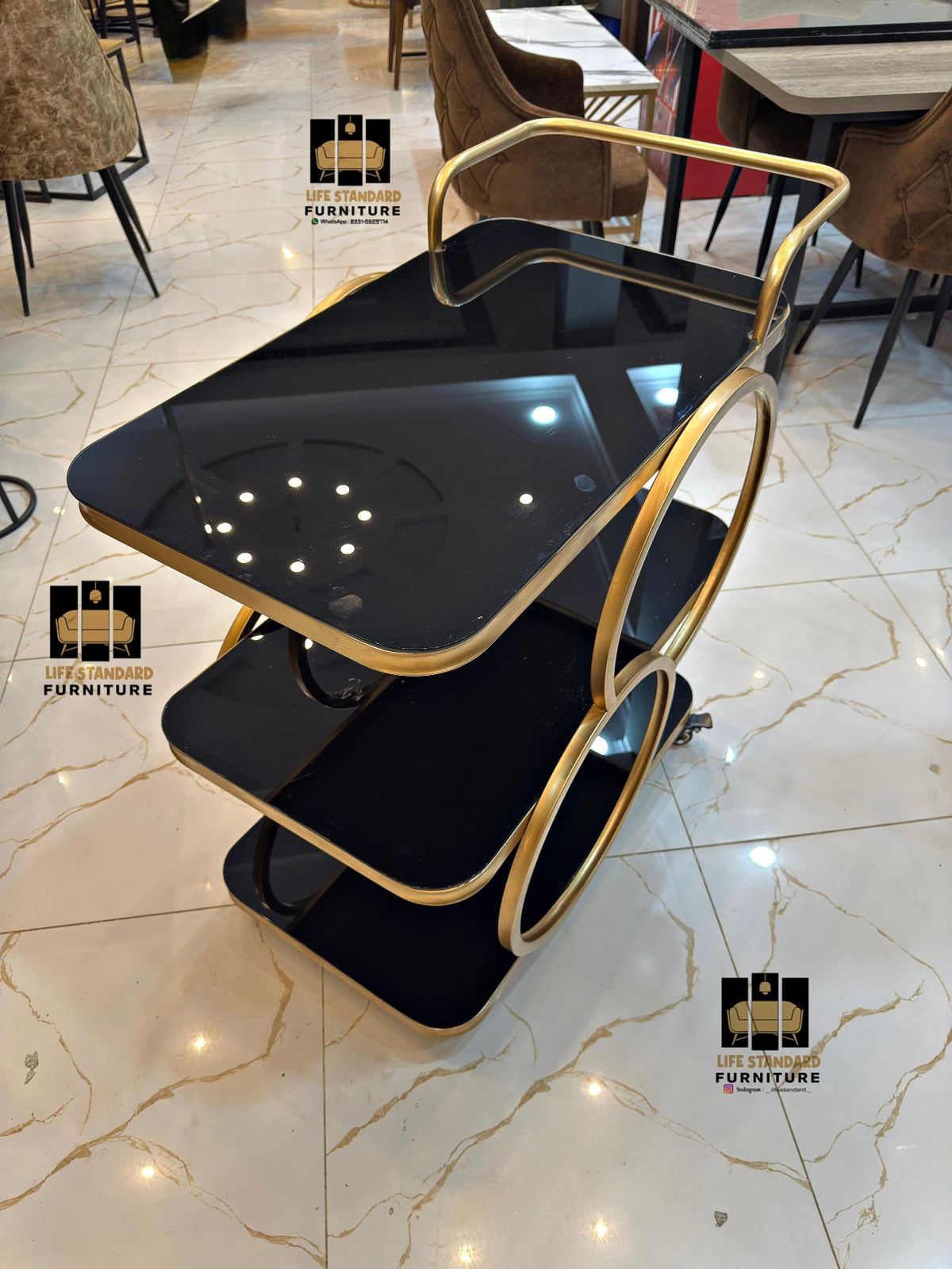 Luxury Black Glass & Golden Frame 3-Tier Trolley – Modern Bar & Tea Cart with Wheels