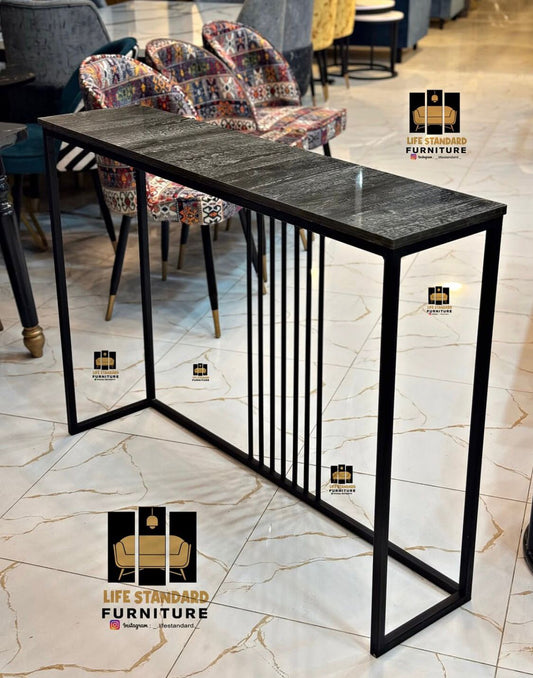 Modern Console Table – Grey & Black Marble Top with Black Iron Frame