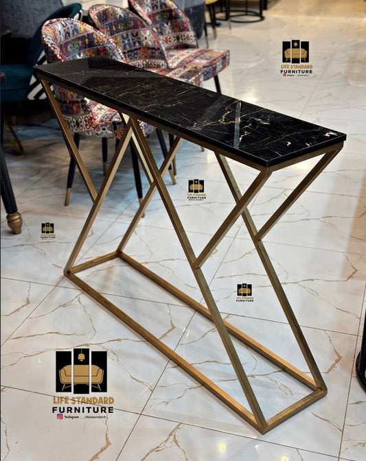 Modern Console Table – Black Marble Top with Golden Iron Frame