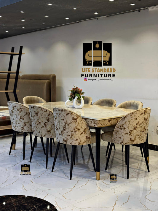 Luxurious 8-Seater Dining Table Set – Cream Marble Top