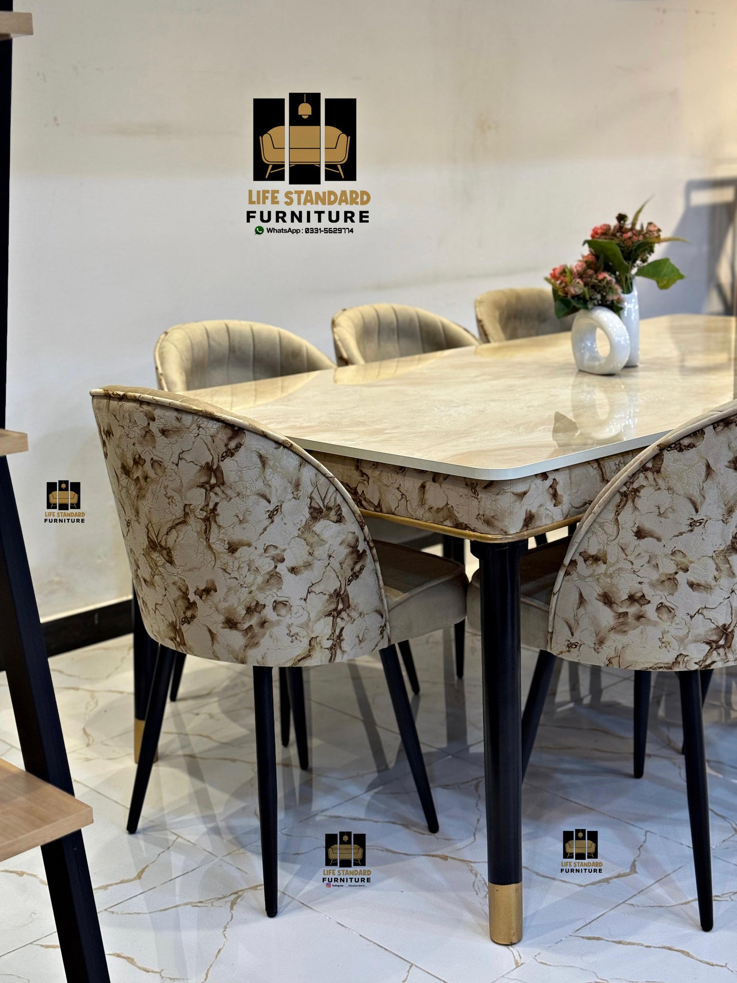 Luxurious 8-Seater Dining Table Set – Cream Marble Top