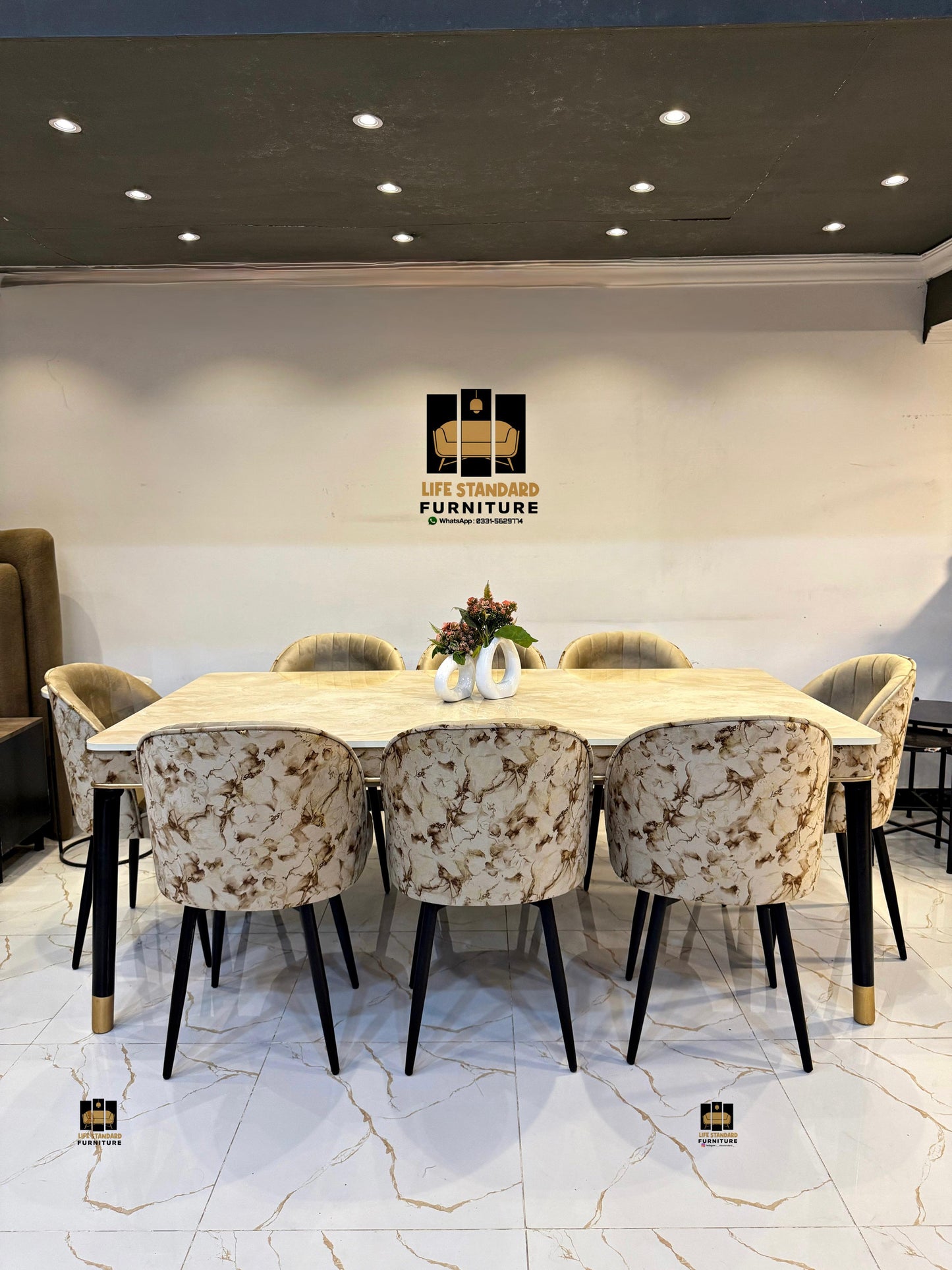Luxurious 8-Seater Dining Table Set – Cream Marble Top