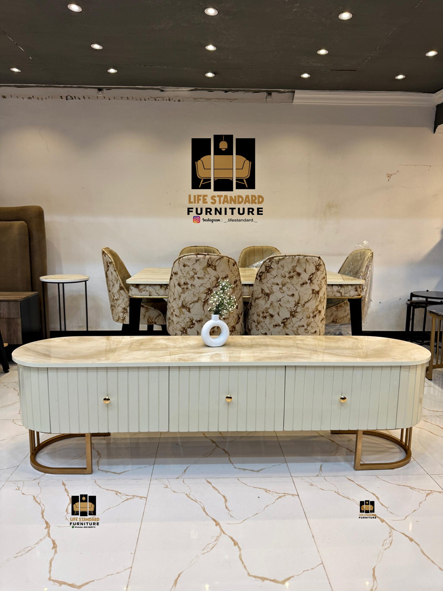 Luxury Modern TV Console with Marble Top & Deco Painted Finish