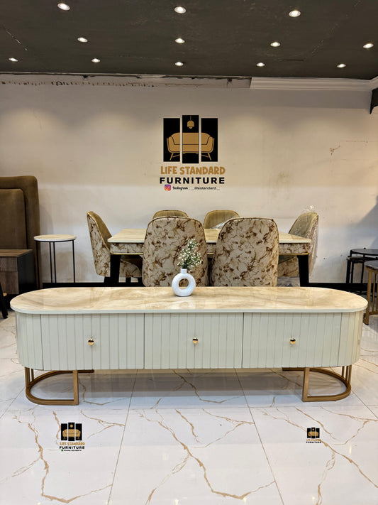 Luxury Modern TV Console with Marble Top & Deco Painted Finish