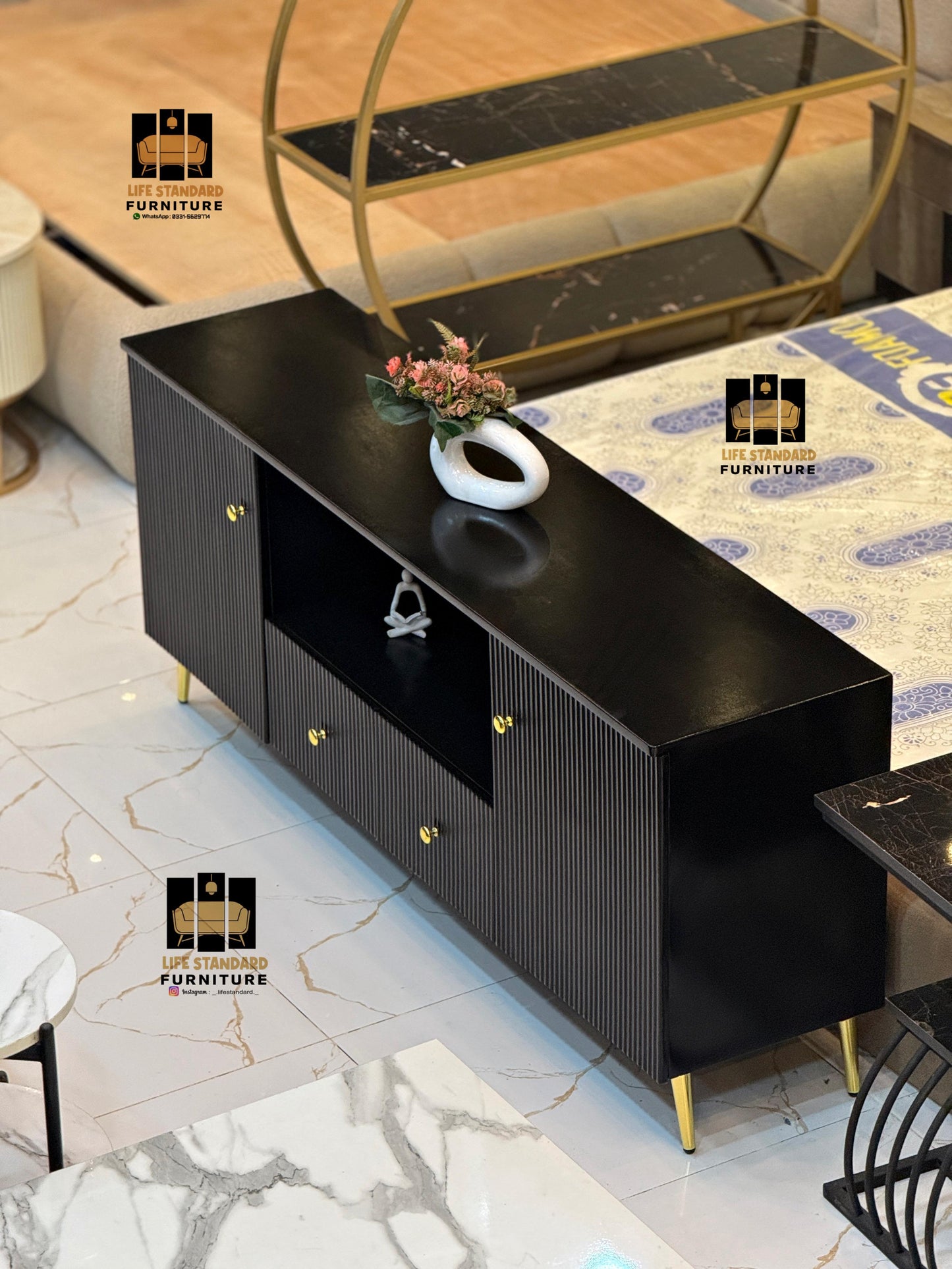 Modern Black TV Console / Sideboard – Elegant Design with Gold Accents