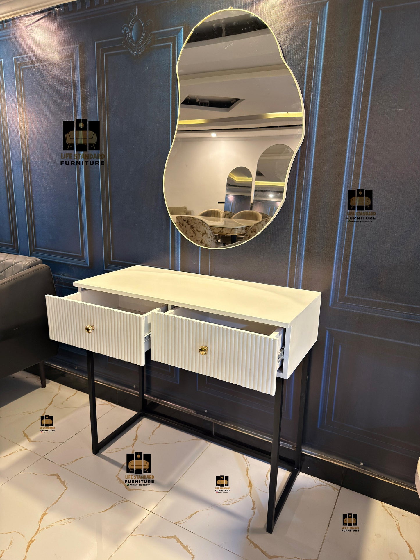 Modern White Dressing Table with Asymmetrical Mirror – Chic Minimalism Meets Functional Elegance