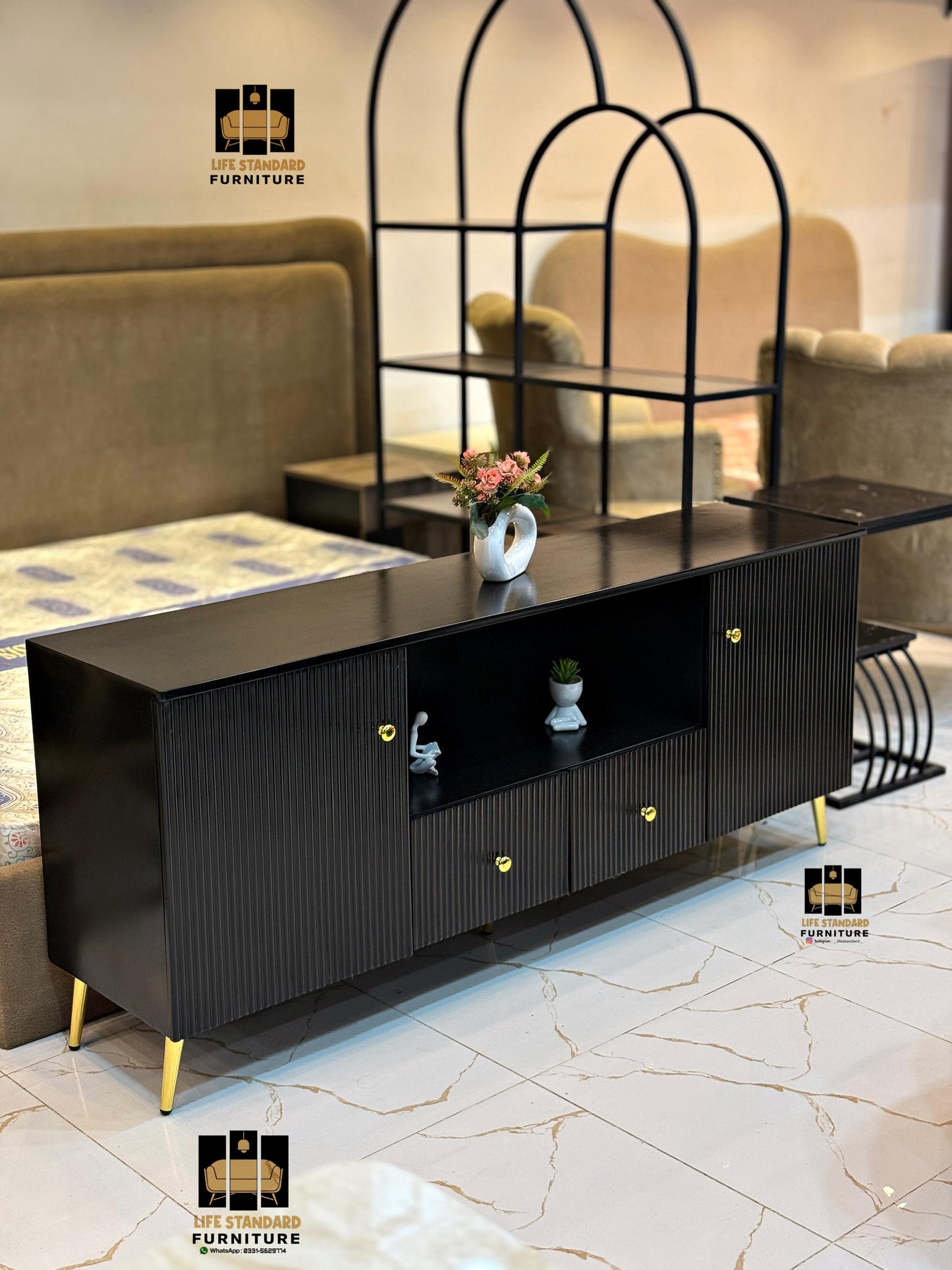 Modern Black TV Console / Sideboard – Elegant Design with Gold Accents