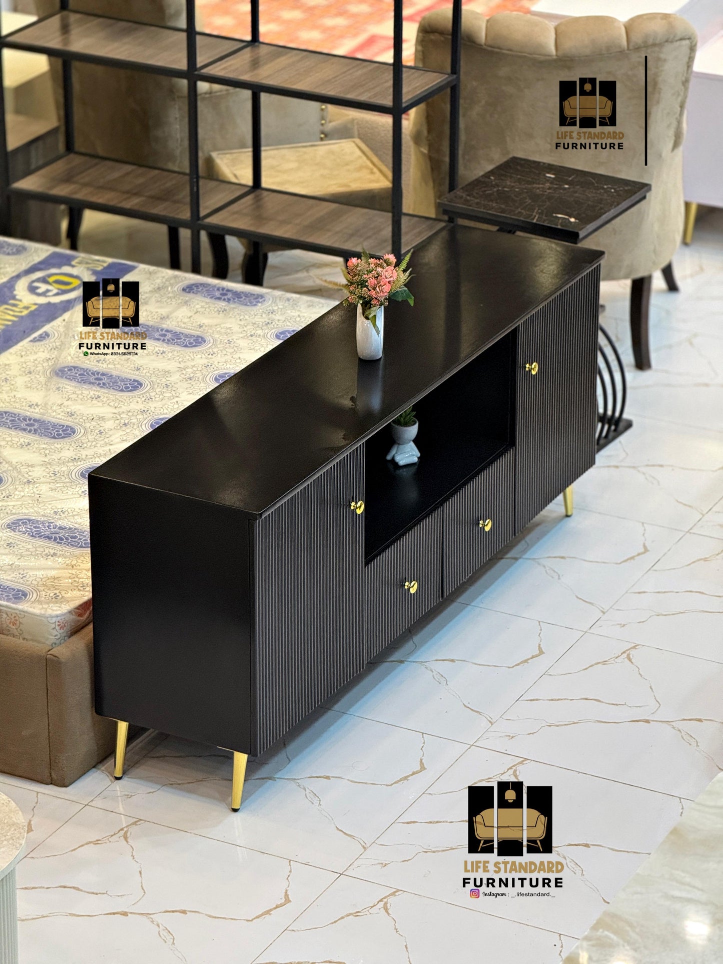 Modern Black TV Console / Sideboard – Elegant Design with Gold Accents