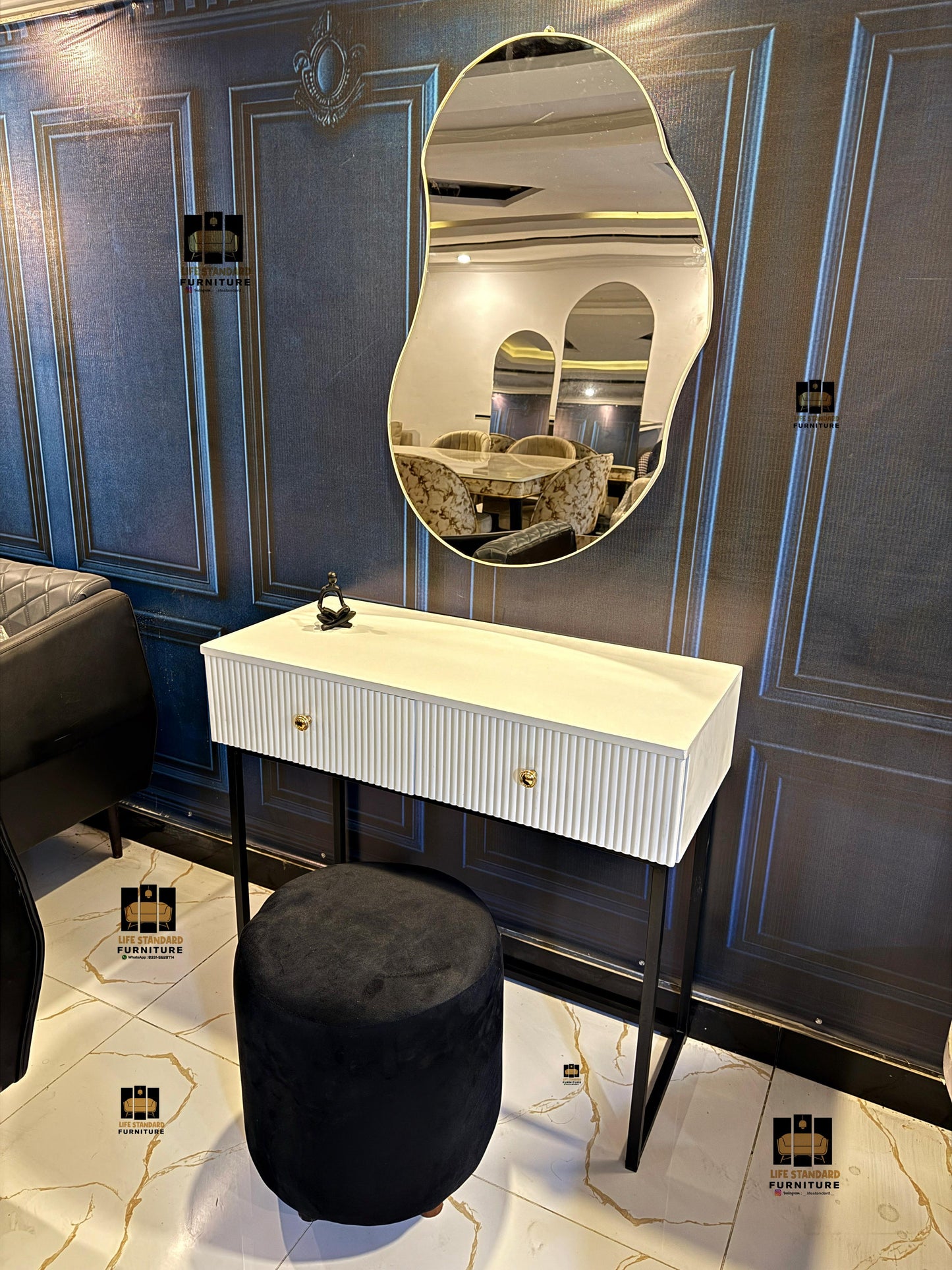 Modern White Dressing Table with Asymmetrical Mirror – Chic Minimalism Meets Functional Elegance