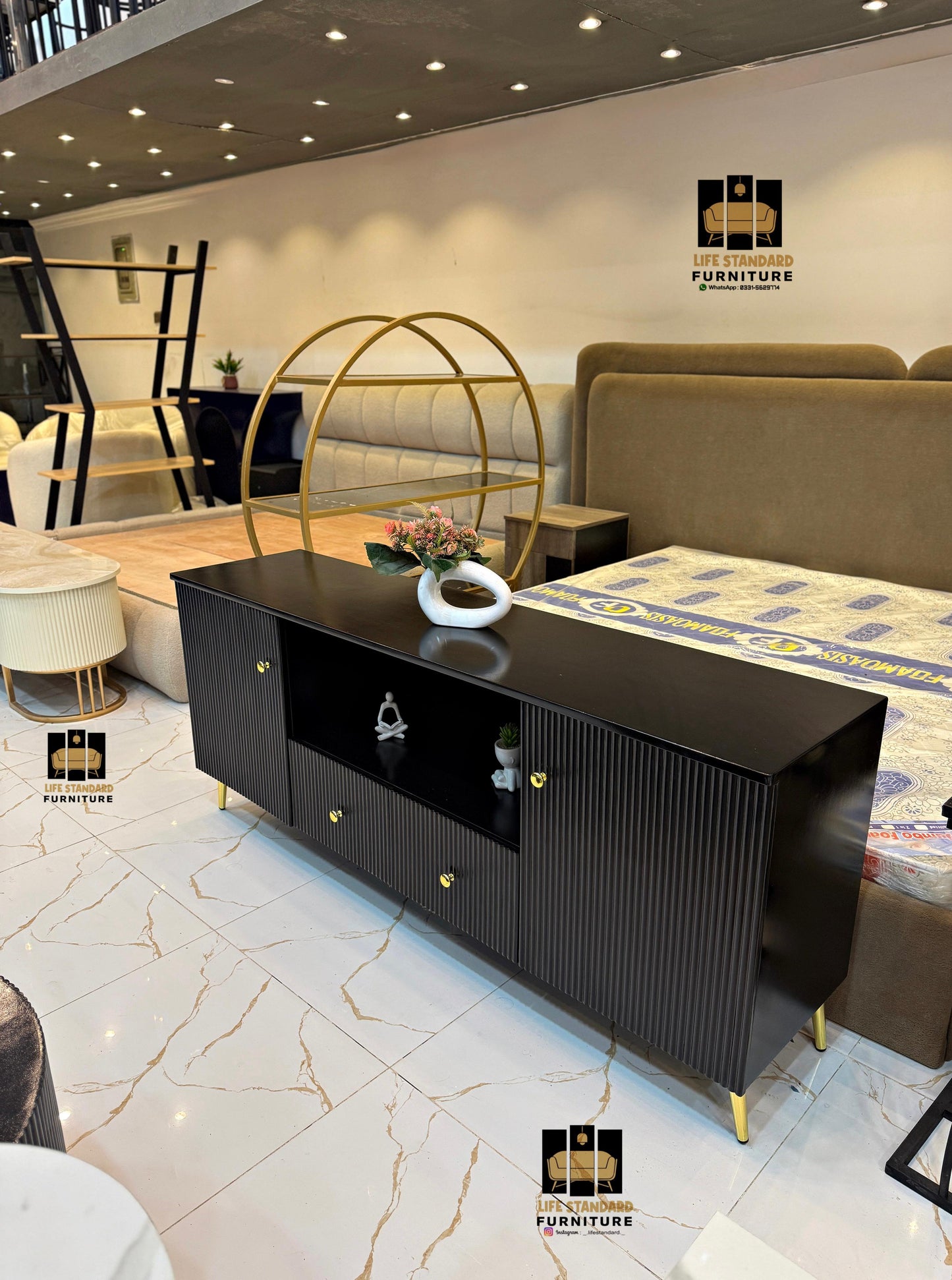 Modern Black TV Console / Sideboard – Elegant Design with Gold Accents