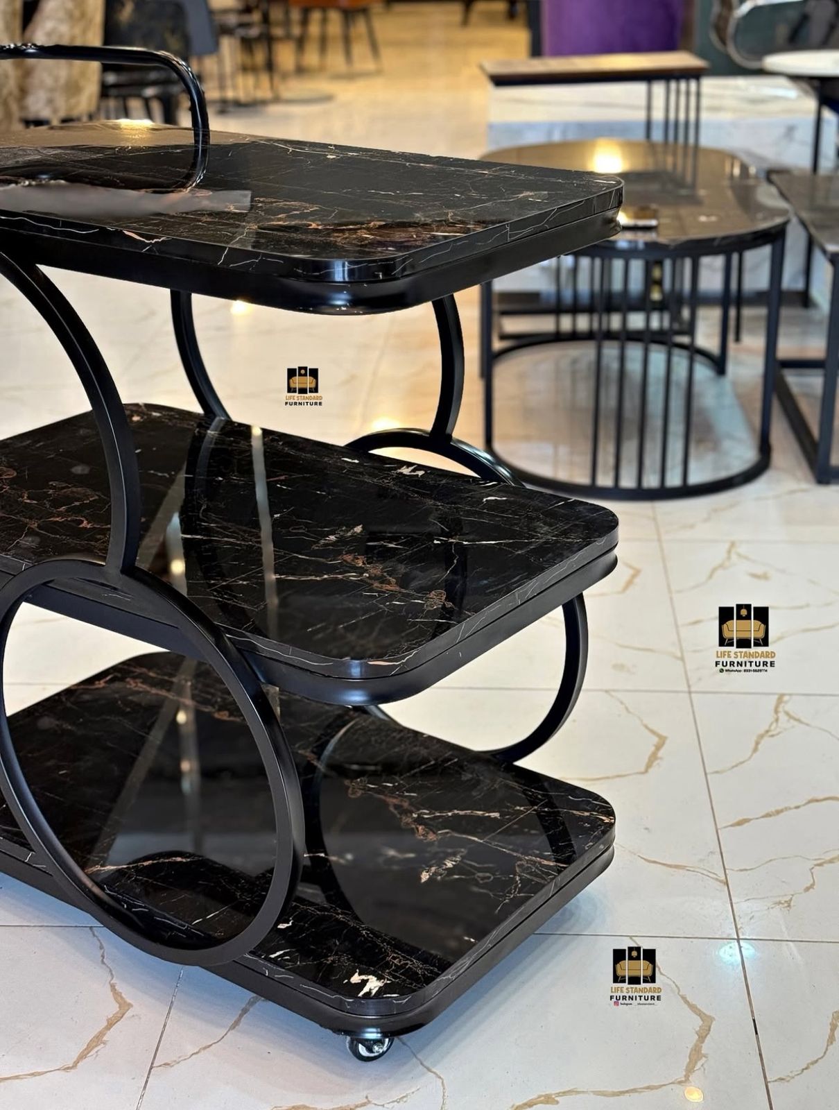 Luxury Black Marble 3-Tier Serving Trolley – Modern Bar & Tea Cart on Wheels