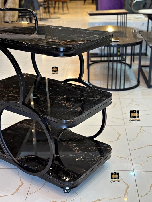 Luxury Black Marble 3-Tier Serving Trolley – Modern Bar & Tea Cart on Wheels