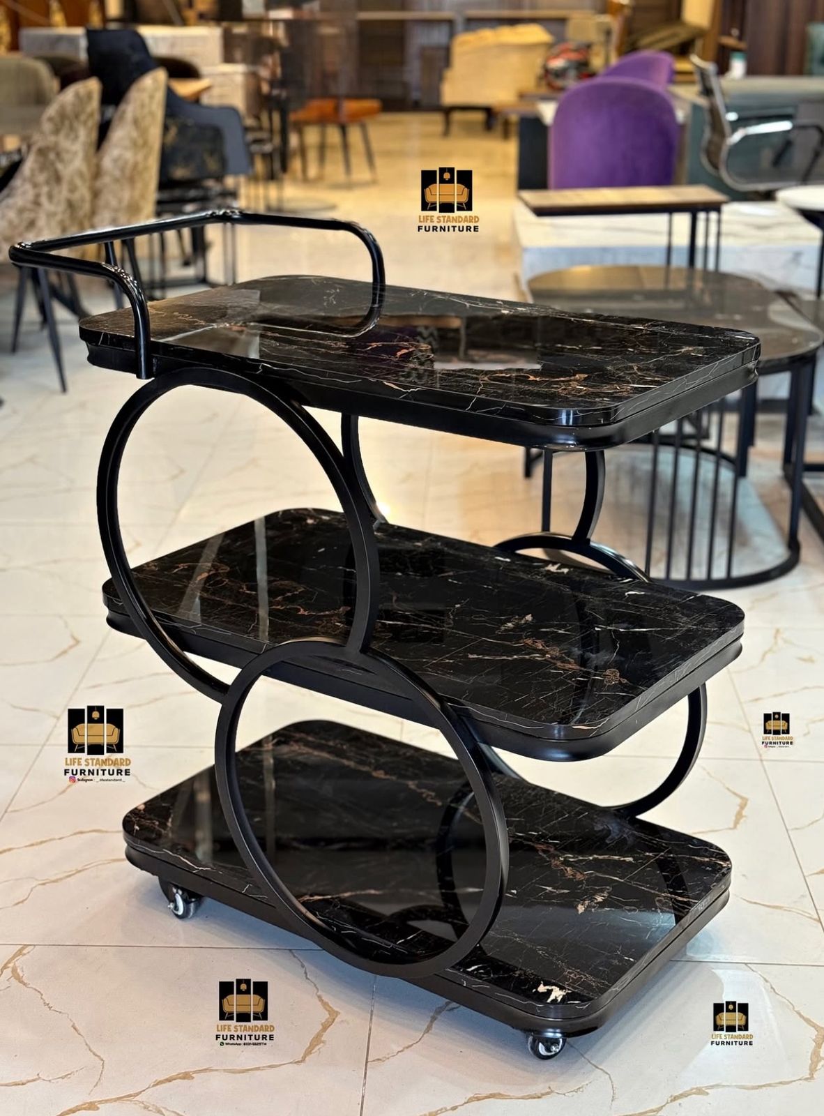 Luxury Black Marble 3-Tier Serving Trolley – Modern Bar & Tea Cart on Wheels