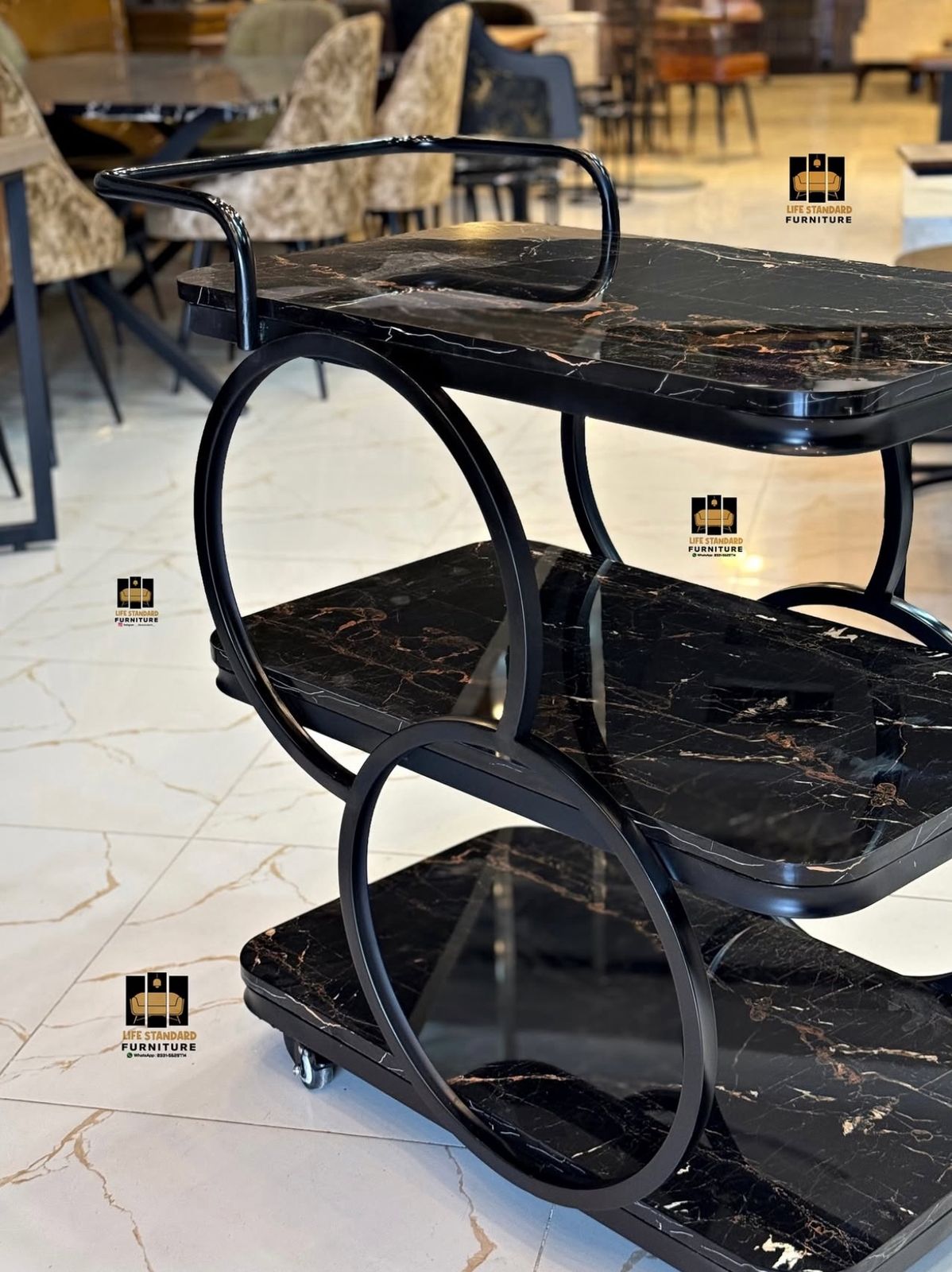 Luxury Black Marble 3-Tier Serving Trolley – Modern Bar & Tea Cart on Wheels