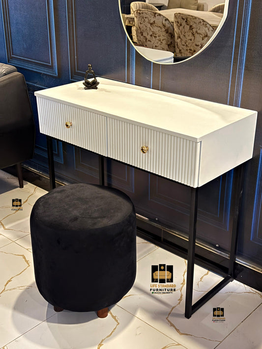 Modern White Dressing Table with Asymmetrical Mirror – Chic Minimalism Meets Functional Elegance