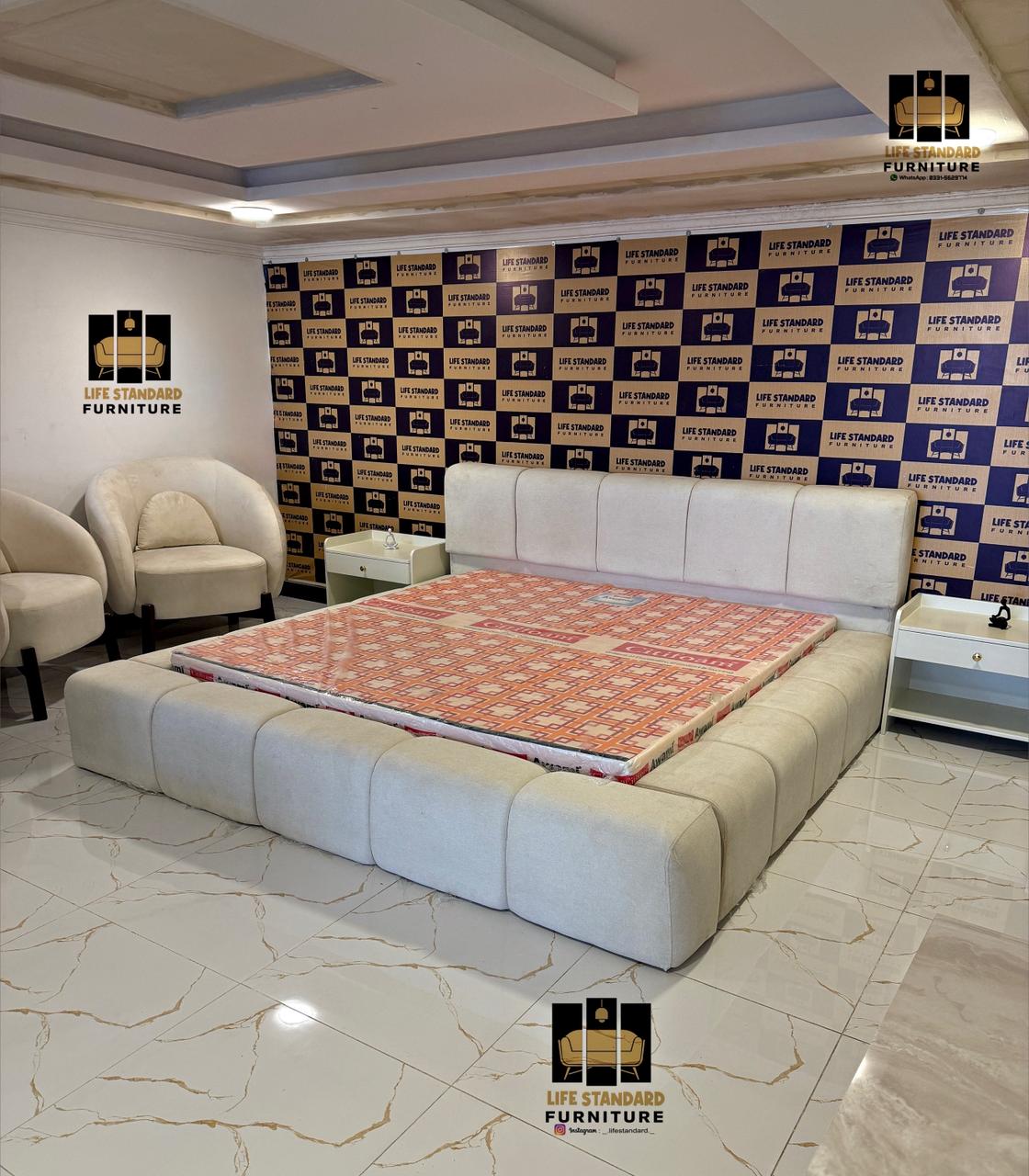 Luxury Upholstered Bed Set with Deco Side Tables lamp Dressing Table